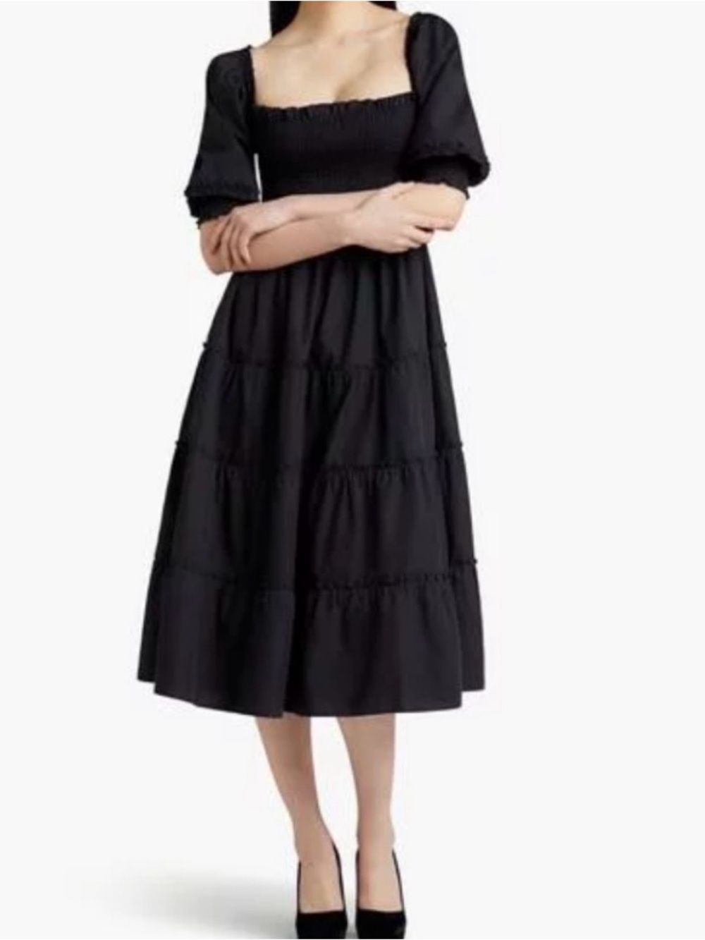 Hill House Black Nesli Smocked Square-Neck Midi Dress - Large